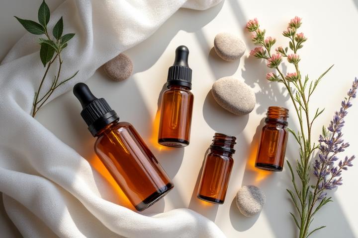 Una selección de frascos de aceites esenciales puros, hojas de hierbas aromáticas y flores secas, con luz solar suave, evocando calma y pureza