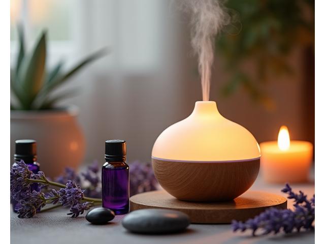 Primer plano de un difusor de aromaterapia con vapor suave y aceites esenciales junto a flores y velas, creando una atmósfera serena
