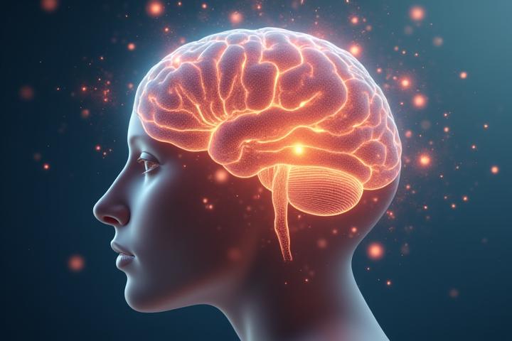 Representación de la conexión mente piel, un cerebro y una piel interconectados por tenues hilos de luz sobre un fondo suave