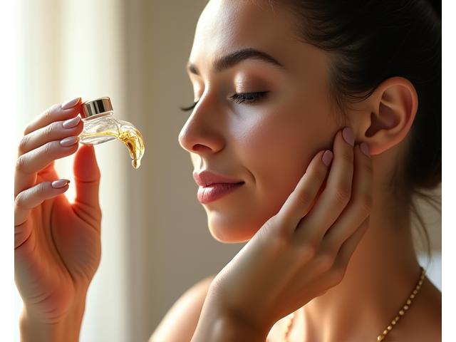 Mujer con ojos cerrados aplicando un suero facial, rodeada de luz suave, simbolizando un ritual mindful de Skincare
