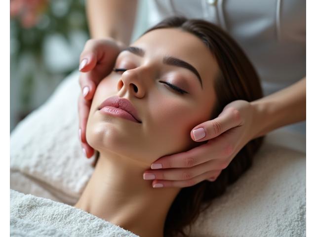 Manos expertas realizando un suave masaje facial en el rostro de una mujer relajada, con un enfoque en técnicas de liberación de estrés