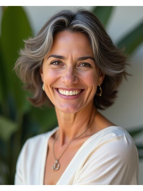 Retrato profesional de Catalina Rojas, nuestra terapeuta holística, con una sonrisa serena, vestida con tonos tierra y rodeada de elementos naturales