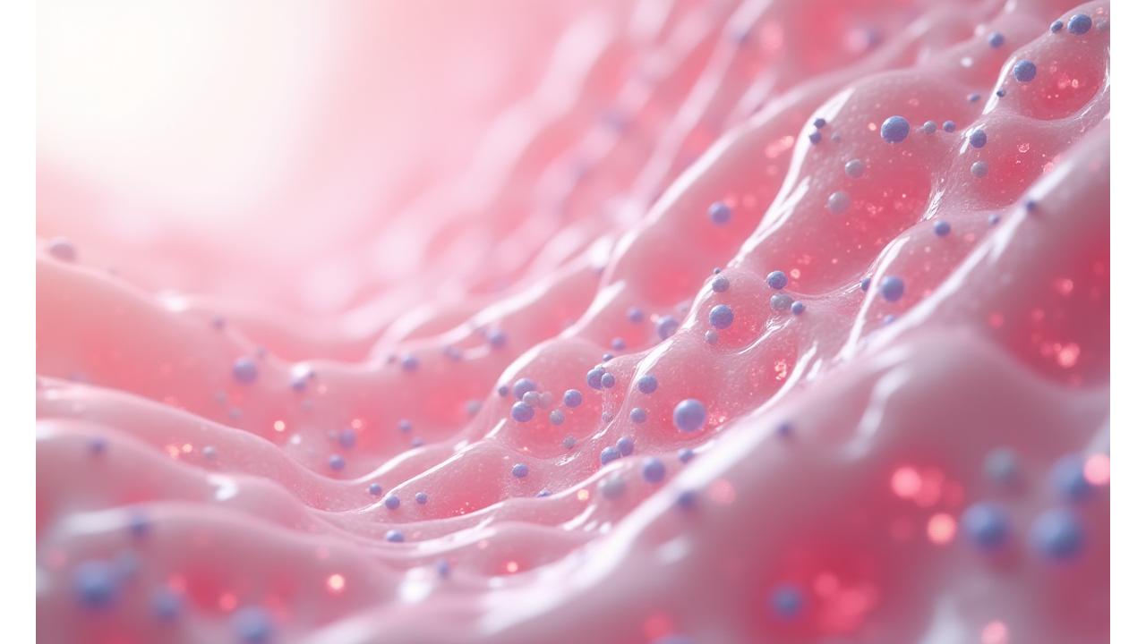 Animación molecular de péptidos penetrando capas de la piel en un entorno científico.