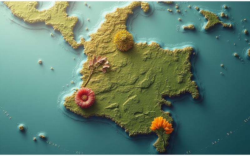 Mapa interactivo de Colombia destacando regiones con ingredientes botánicos cosméticos nativos como Copoazú y Sacha Inchi.