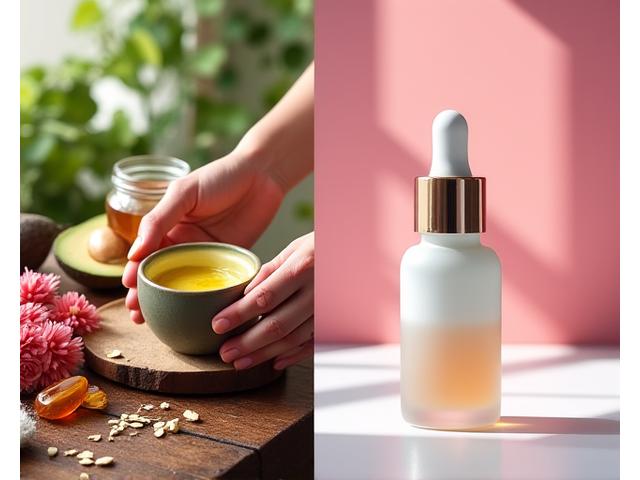 Dos escenas contrastadas: una persona preparando cosméticos caseros con ingredientes frescos y otra usando un producto cosmético comercial elegantemente envasado.