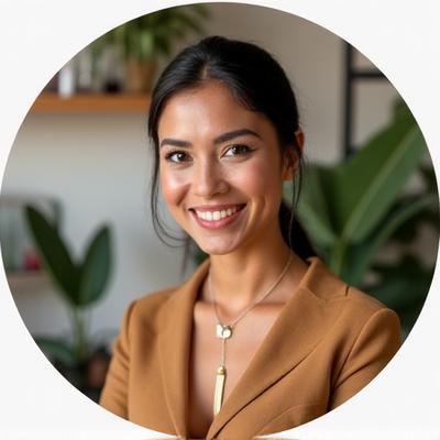 Retrato profesional de una mujer sonriente, experta en química cosmética, rodeada de elementos botánicos y de laboratorio.