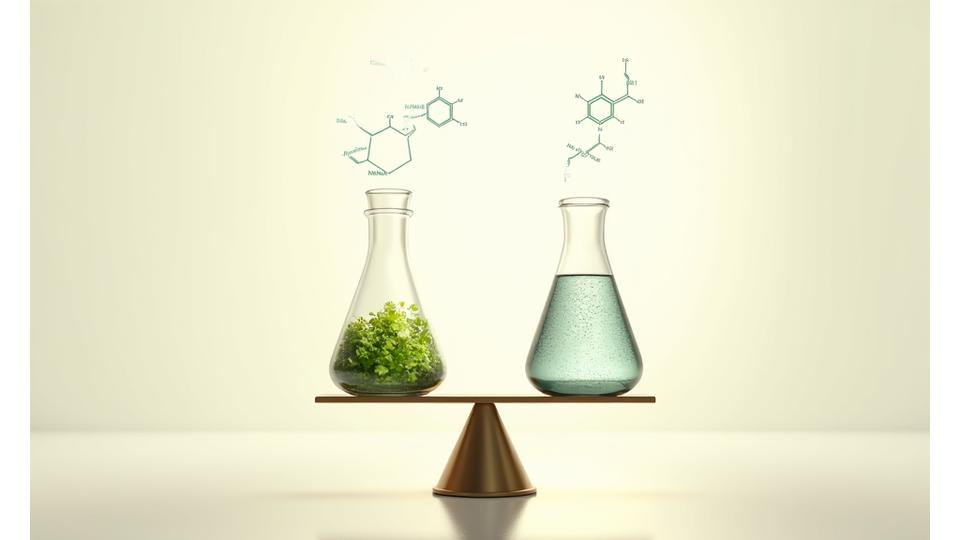 Infografía comparando efectos de ingredientes naturales y sintéticos en una balanza