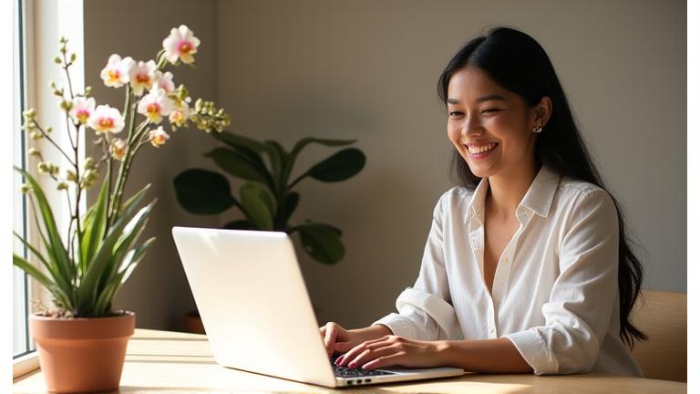 Mujer sonriente escribiendo en una laptop con elementos botánicos, representando conexión y accesibilidad.