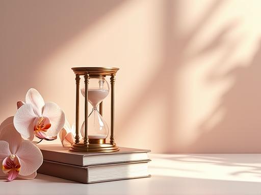 Un reloj de arena y un calendario adornados con flores delicadas, simbolizando el paso del tiempo y la planificación.