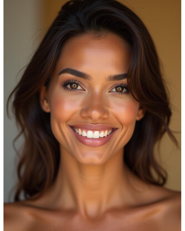 Mujer sonriente con maquillaje natural y resaltando ojos