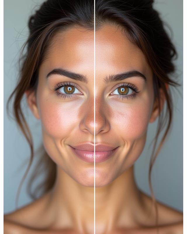 Mujer antes y después de tratamiento anti-manchas y mejora de textura