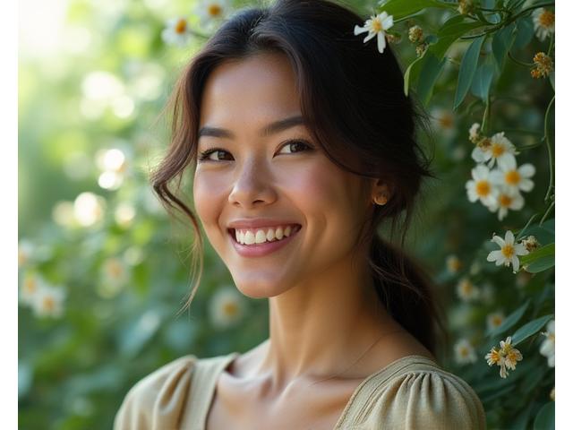 Modelo con maquillaje eco-friendly, rodeada de elementos naturales como hojas y flores, con un sutil brillo verde que simboliza la sostenibilidad.