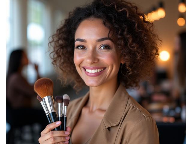 Mujer sonriente haciendo transición de carrera, ahora como maquilladora profesional a tiempo completo gracias a los talleres.