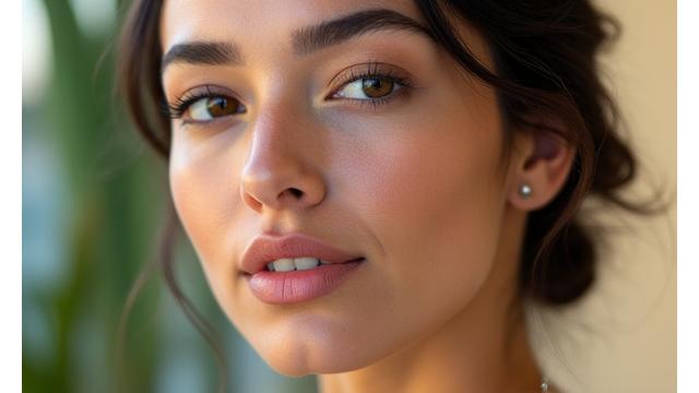 Modelo con maquillaje de 'clean girl' adaptado para el clima húmedo de Medellín, con piel radiante y natural.