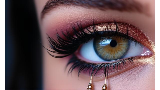 Ojos con delineado gráfico inspirado en Euphoria, con gemas aplicadas artísticamente.
