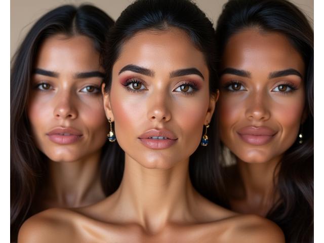 Galería rotativa de transformaciones de alumnas de maquillaje. Rostros lucen desde un look natural hasta uno glamuroso y artístico, mostrando un antes y después.