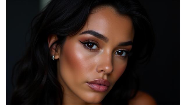 Maquillaje de 'Instagram Baddie' con contouring y highlighting dramático, piel impecable.