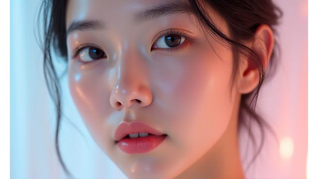 Piel con efecto 'glass skin' de K-Beauty, ultra-hidratada y luminosa, aplicando productos occidentales.
