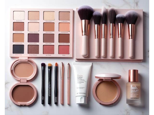 Un kit de maquillaje profesional con pinceles, paleta de sombras, bases, correctores y organizador, todo bellamente presentado.