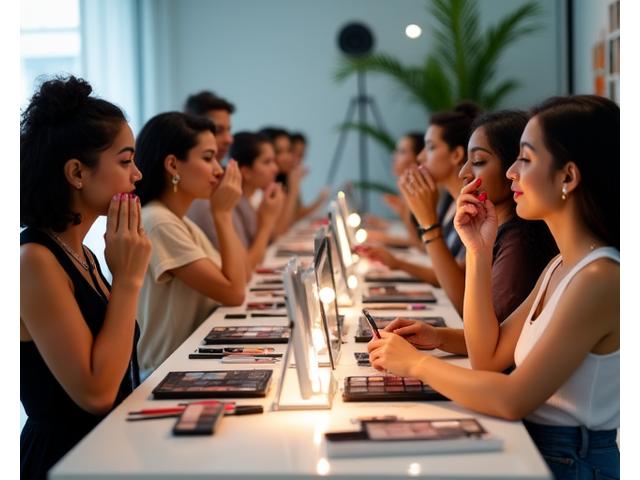 Alumnas practicando técnicas de maquillaje en parejas con guía de la instructora en un ambiente de taller luminoso.