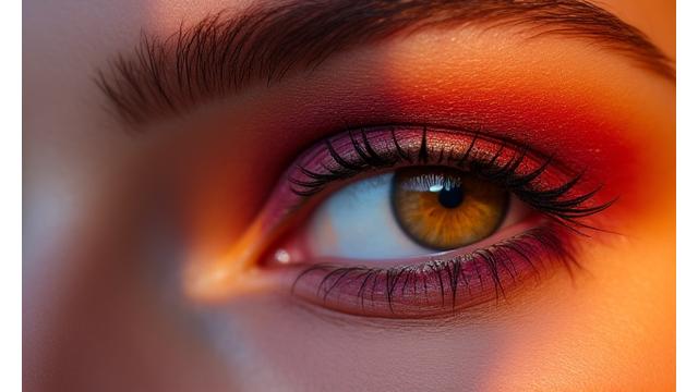 Ojos con maquillaje 'Sunset Eyes' que muestran una transición vibrante de colores cálidos, aplicando la teoría del color.