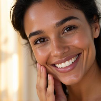 Mujer sonriente con piel radiante, sosteniendo un frasco de suero minimalista. Ambiente limpio y luminoso, invitando a la confianza.