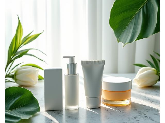 Disposición minimalista de 5 productos de skincare cuidadosamente seleccionados sobre una superficie de mármol con hojas de plantas tropicales, simbolizando simplicidad y eficacia.