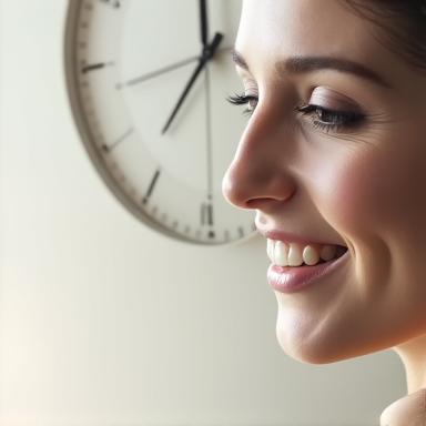 Reloj minimalista con un rostro de mujer sonriente, simbolizando ahorro de tiempo en rutinas de belleza.