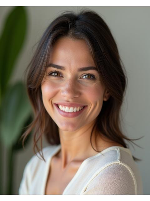 Retrato profesional de Laura Vélez, experta en bienestar y autocuidado de Cascabel Beauty, mujer colombiana con aura de paz, en un ambiente de spa natural con iluminación zen.