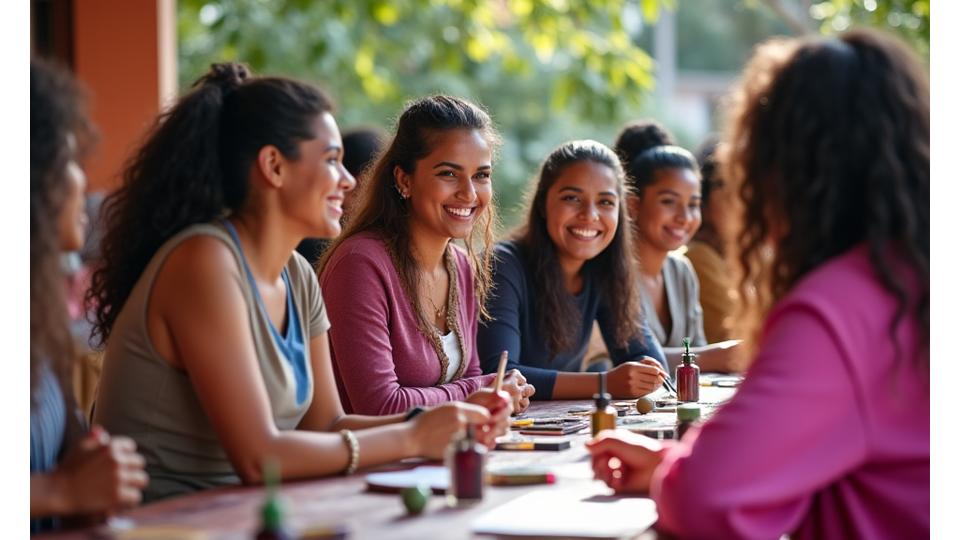Un grupo diverso de mujeres sonríe mientras participan en un taller de belleza en un barrio humilde de Medellín, con un mentor explicando. Se enfoca en el empoderamiento femenino y la educación comunitaria de Cascabel Beauty.