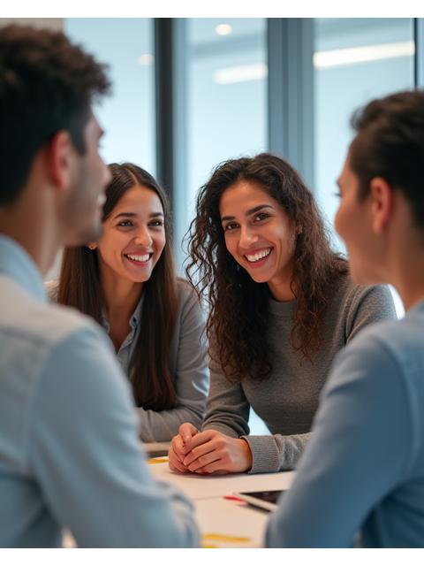 Grupo de personas diversas y amigables, sonriendo y trabajando en un ambiente de oficina moderno y colaborativo, representando al equipo de soporte de Cascabel Beauty.
