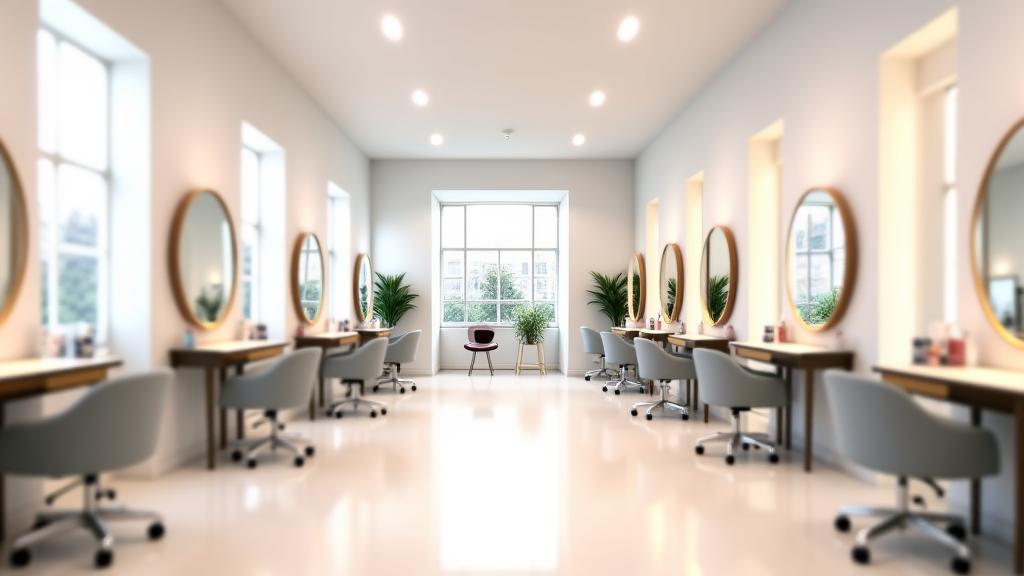 Interior de un estudio de belleza moderno y luminoso en El Poblado, Medellín, equipado con espejos, estaciones de maquillaje, luces profesionales y plantas, invitando a un recorrido virtual.