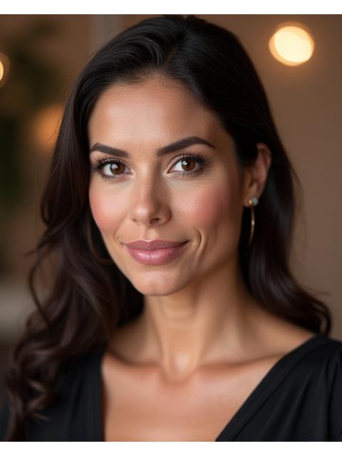 Retrato profesional de Sofía Gaviria, co-fundadora de Cascabel Beauty, mujer colombiana con mirada inspiradora, en un estudio de maquillaje elegante y bien iluminado, mostrando su pericia artística.