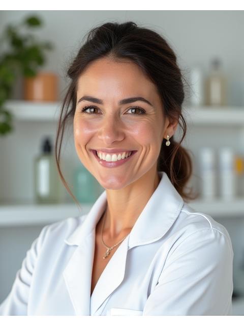 Retrato profesional de Marta Lucia Vélez, instructora principal de Cascabel Beauty, mujer colombiana de mediana edad con sonrisa amigable y profesional, frente a un set de skincare.