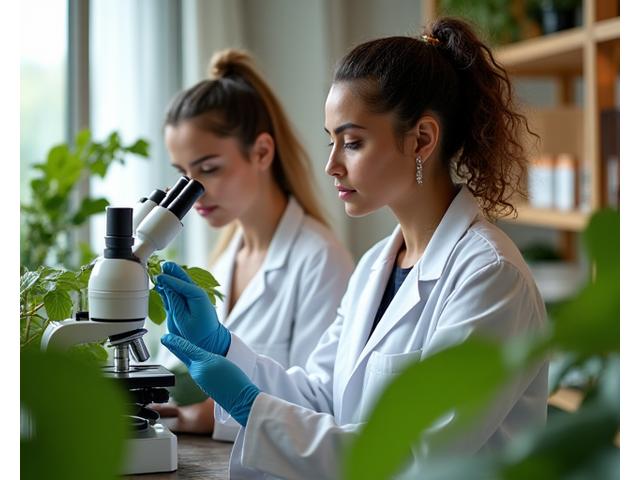 Dos mujeres diversas, una científica y una experta en botánica, trabajando juntas en un laboratorio moderno y cálido con plantas medicinales, simbolizando la fusión de ciencia y naturaleza en la fundación de Cascabel Beauty en Medellín.