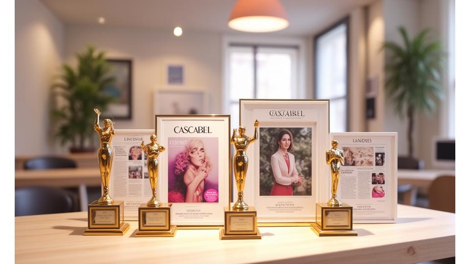 Display de varios trofeos y certificados de premios de belleza, junto a recortes de prensa y revistas, simbolizando los reconocimientos de Cascabel Beauty en Medellín y Colombia.