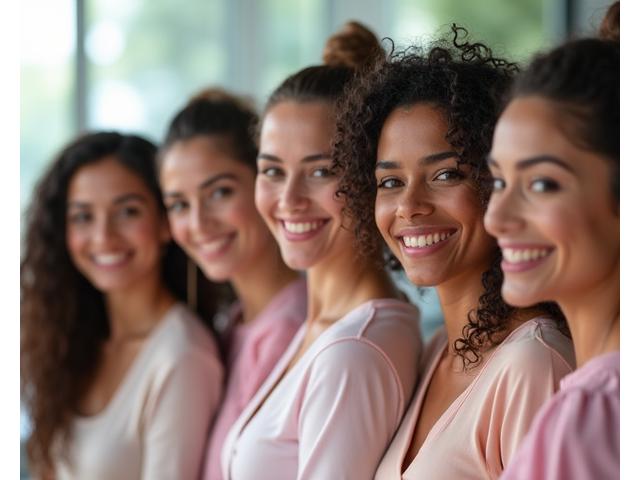 Grupo diverso de mujeres sonrientes en un salón de clases moderno y luminoso, celebrando una graduación de un taller de belleza en Medellín, mostrando confianza y desarrollo personal.