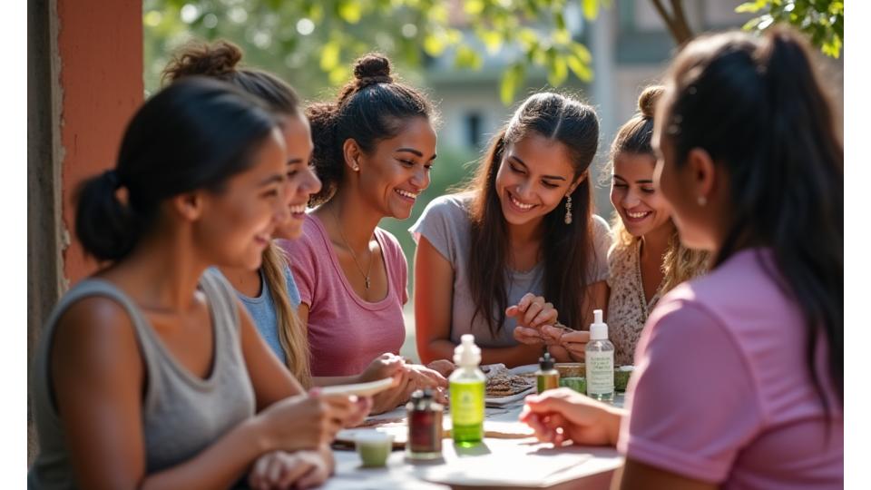 Mujeres de diversas edades interactuando en un taller comunitario al aire libre en un barrio de Medellín, riendo y aprendiendo, simbolizando el impacto social y los programas de becas de Cascabel Beauty.