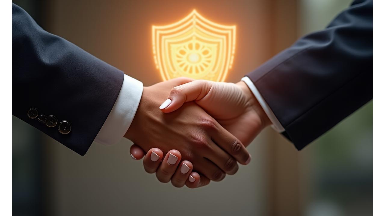 Imágenes de manos que se entrelazan o un apretón de manos, simbolizando confianza y acuerdo, con un escudo transparente en el fondo para representar protección y responsabilidad.