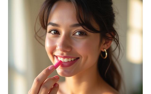 Mujer joven latina sonriendo mientras aplica un toque de labial natural, con maquillaje de día fresco y luz natural cálida