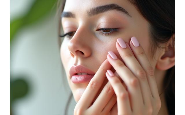 Primer plano de mujer aplicando delicadamente sérum hidratante en su rostro, con piel luminosa y un ambiente de spa moderno
